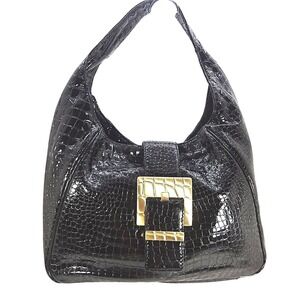 RARE! Michael Kors Penninsula Hobo Shoulder Bag Black Croc Emboss Patent Leather